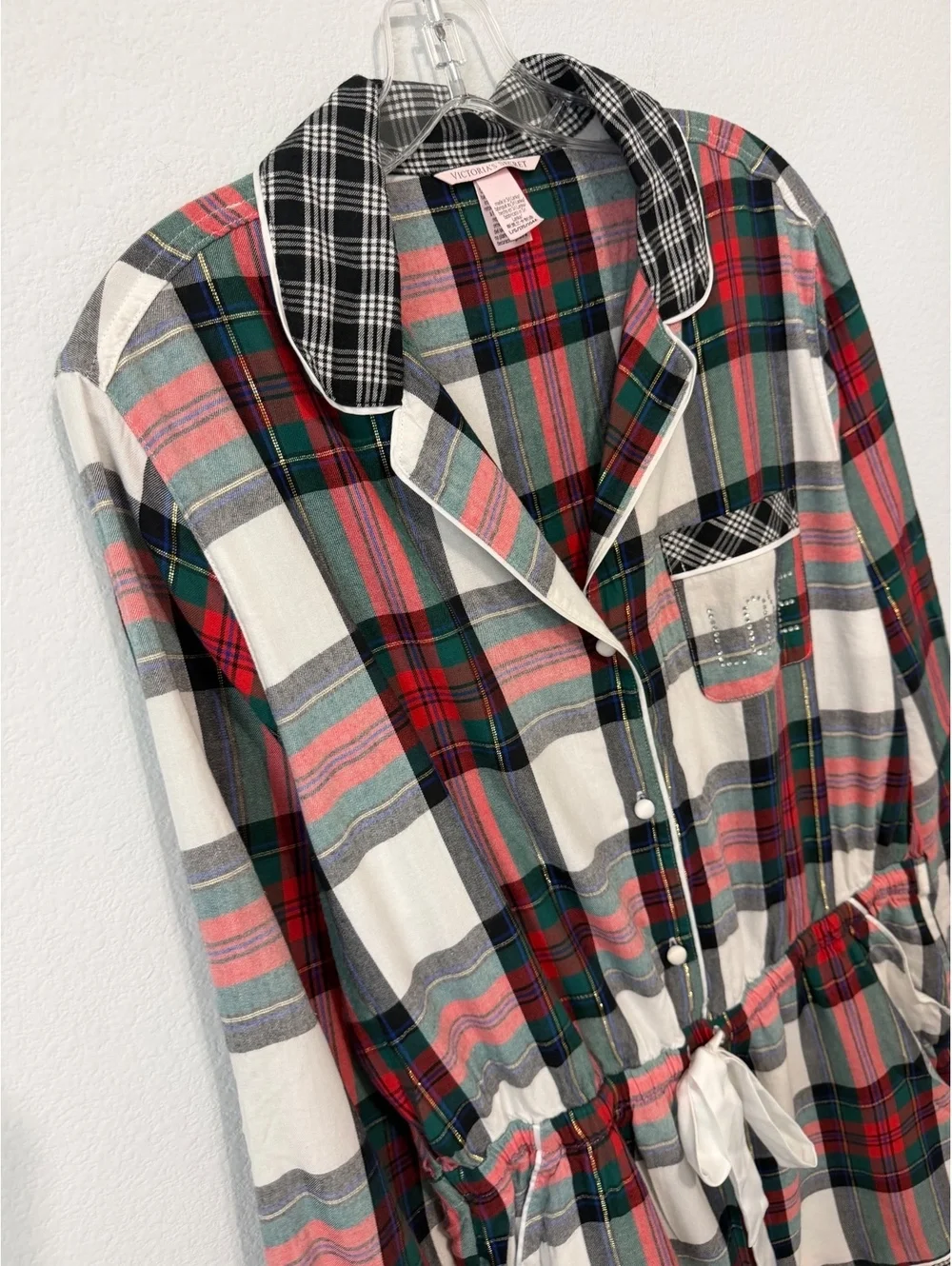 Victoria’s Secret Long Sleeve Button Up Plaid Flannel Sleep Romper Size L